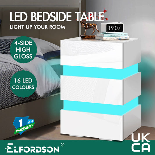 ELFORDSON Bedside Table RGB LED Nightstand 3 Drawers 4 Side High Gloss White