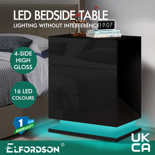 ELFORDSON Bedside Table RGB LED Nightstand 3 Drawers 4 Side High Gloss Black
