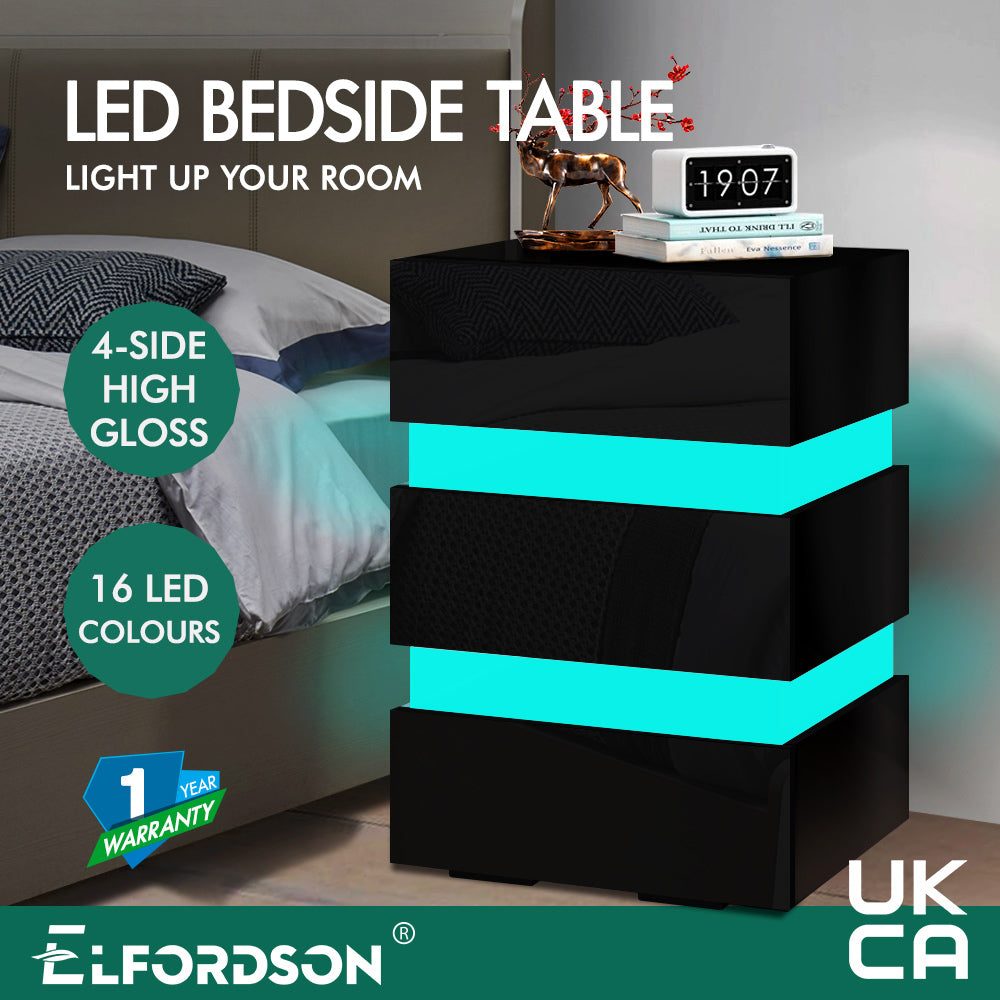 ELFORDSON Bedside Table RGB LED Nightstand 3 Drawers 4 Side High Gloss Black