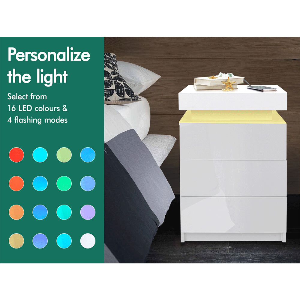 ELFORDSON Bedside Table RGB LED Nightstand 3 Drawers 4 Side High Gloss White