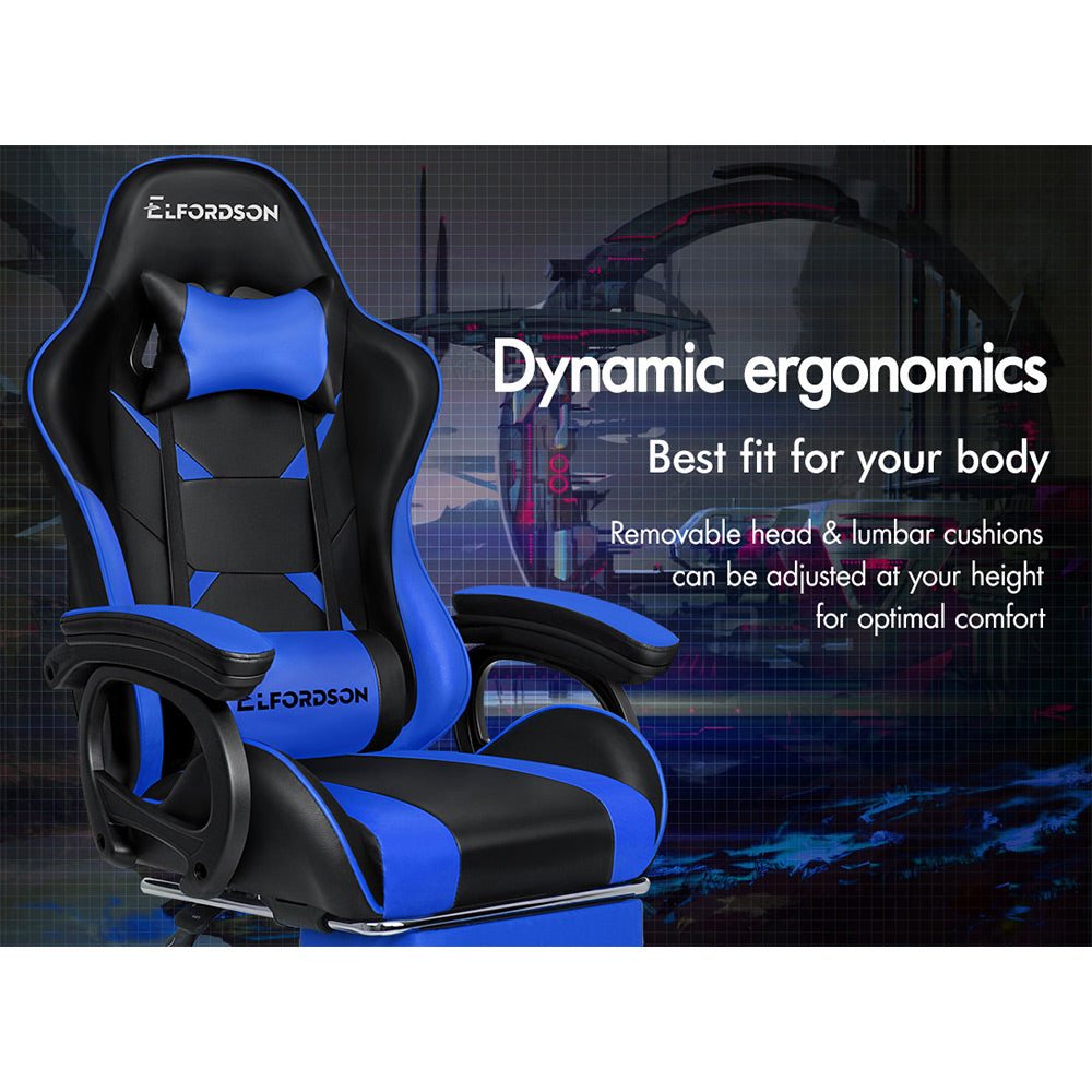 ELFORDSON Gaming Chair Lumbar Massage with Footrest, Blue & Black