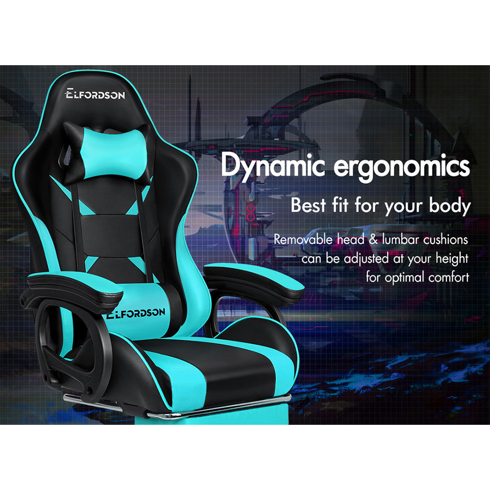ELFORDSON Gaming Chair Lumbar Massage with Footrest, Cyan & Black