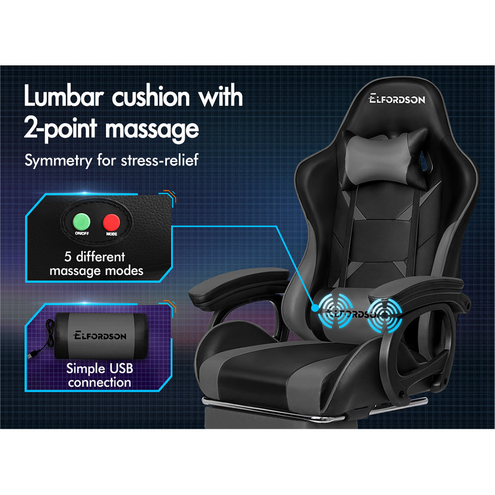 ELFORDSON Gaming Chair Lumbar Massage with Footrest, Grey & Black