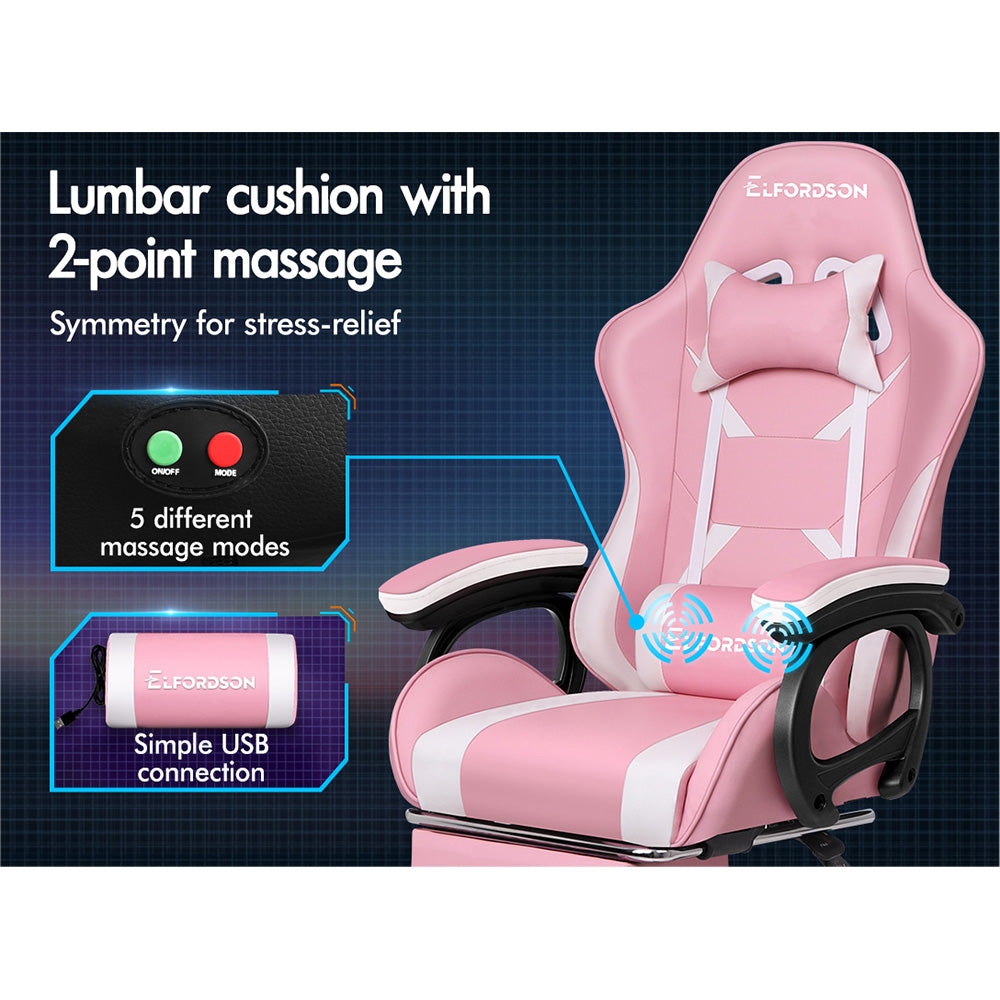 ELFORDSON Gaming Chair Lumbar Massage with Footrest, Pink & White