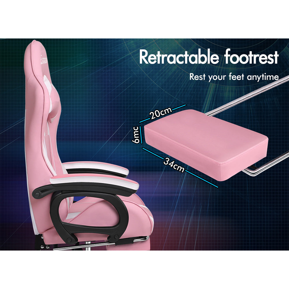 ELFORDSON Gaming Chair Lumbar Massage with Footrest, Pink & White