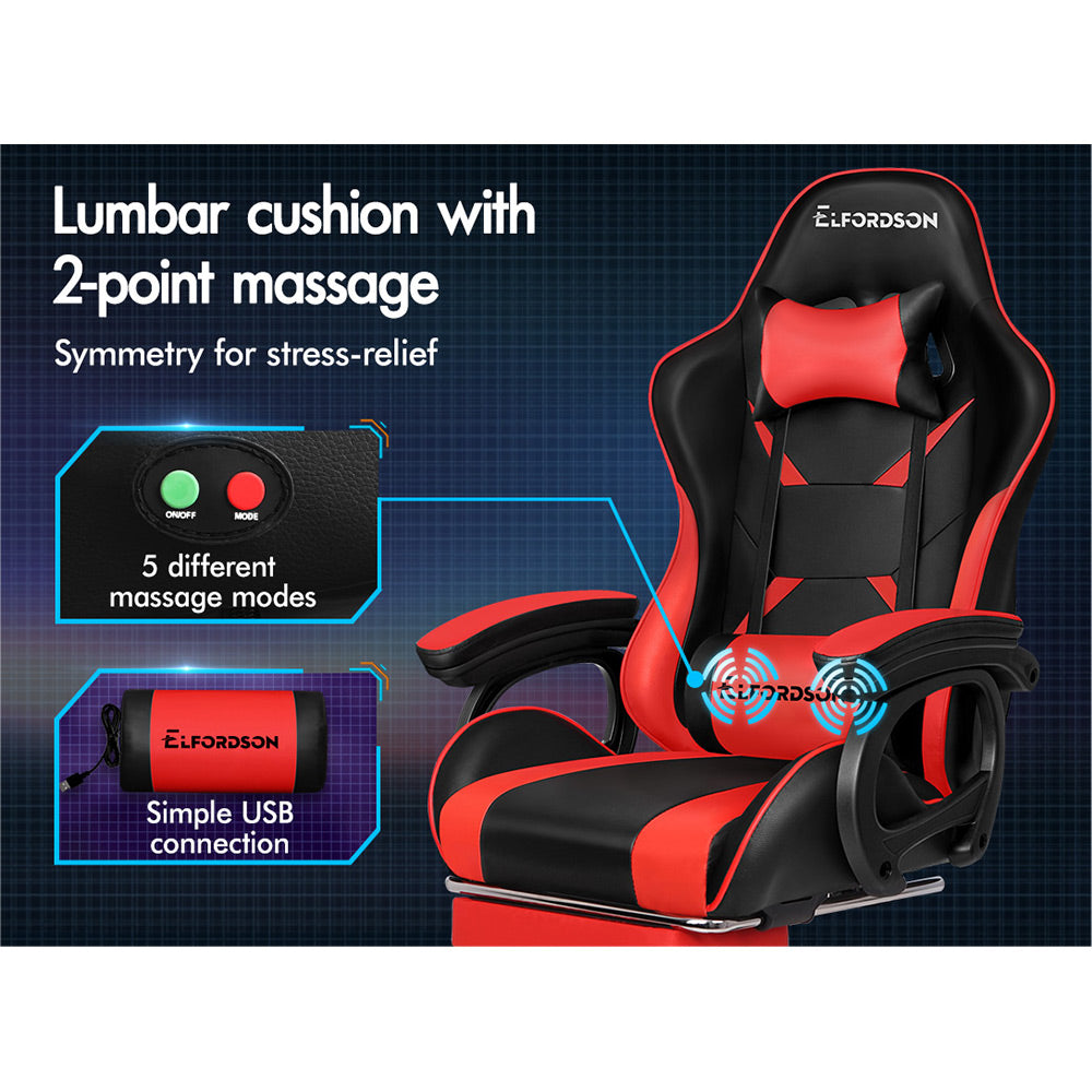 ELFORDSON Gaming Chair Lumbar Massage with Footrest, Red & Black