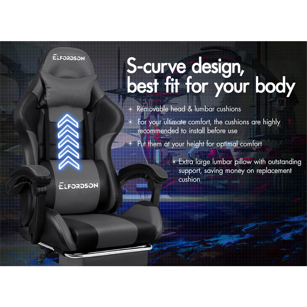 ELFORDSON Gaming Chair with Extra Large Lumbar Support, Grey