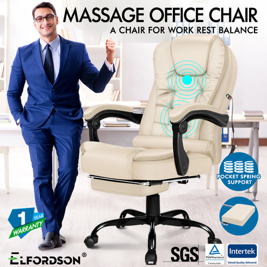 ELFORDSON Massage Office Chair with Footrest Executive Gaming Seat Leather Cream