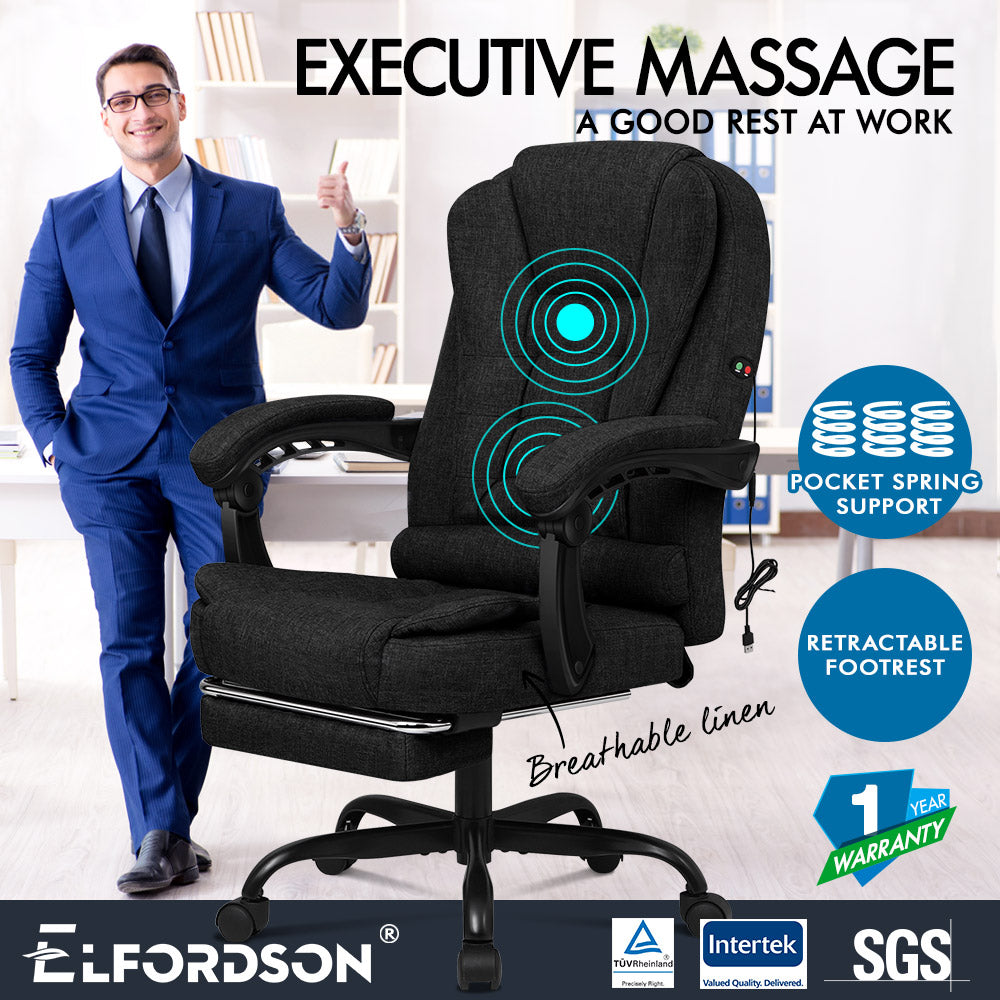 ELFORDSON Massage Office Chair with Footrest Executive Gaming Seat Breathable Fabric Upholstery, Black