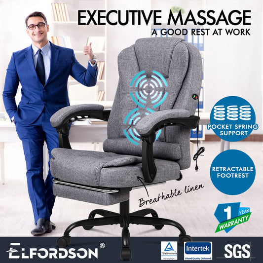 ELFORDSON Massage Office Chair with Footrest Executive Gaming Seat Breathable Fabric Upholstery, Grey