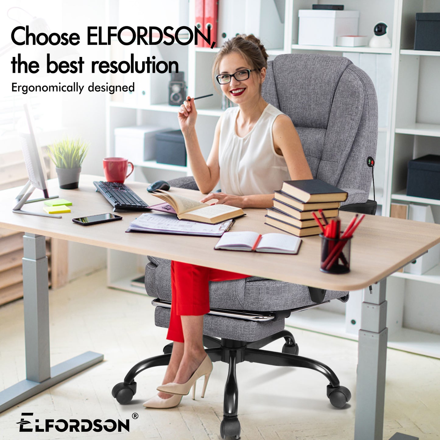 ELFORDSON Massage Office Chair with Footrest Executive Gaming Seat Breathable Fabric Upholstery, Grey