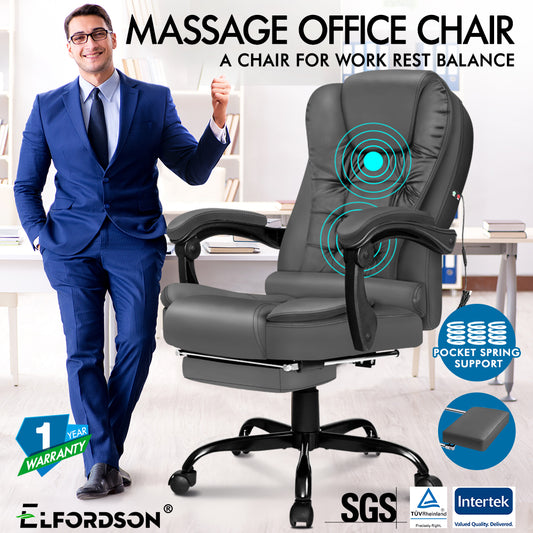 ELFORDSON Massage Office Chair with Footrest Executive Gaming Seat Leather Grey