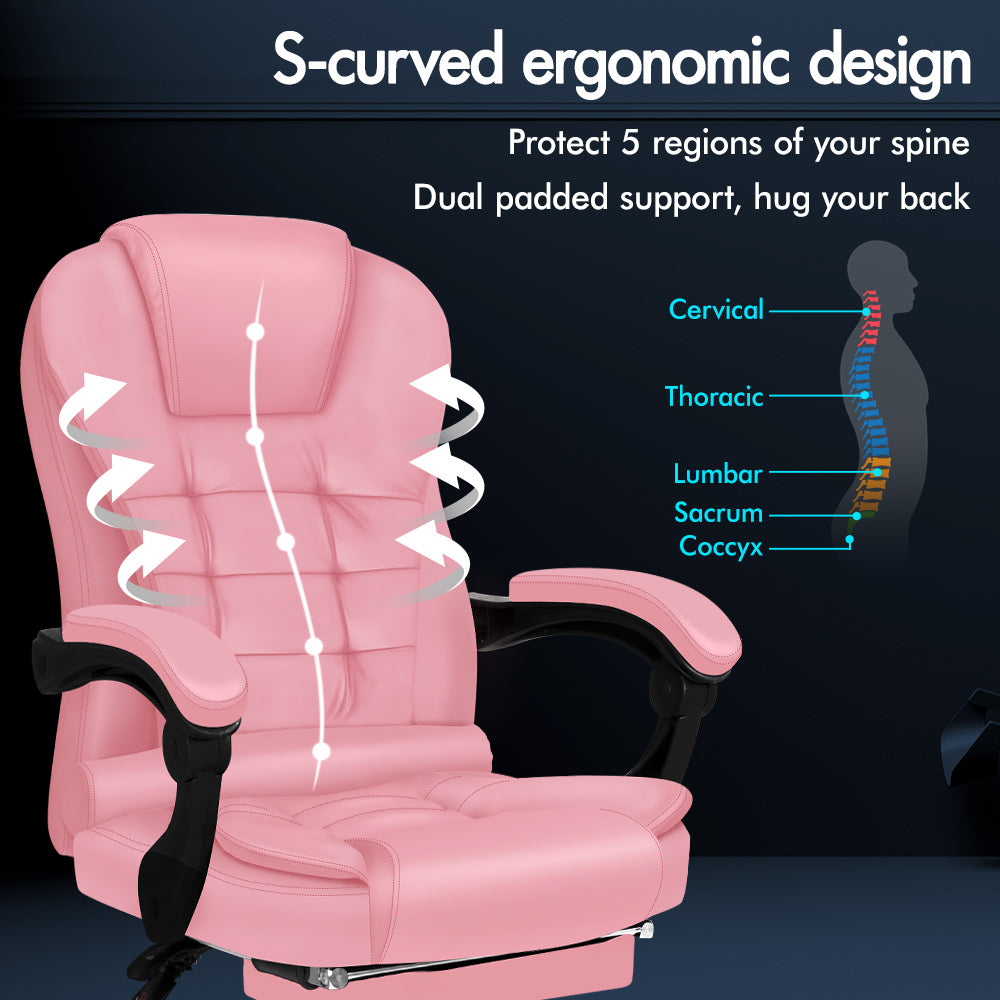 ELFORDSON Massage Office Chair with Footrest Executive Gaming Seat Leather Pink