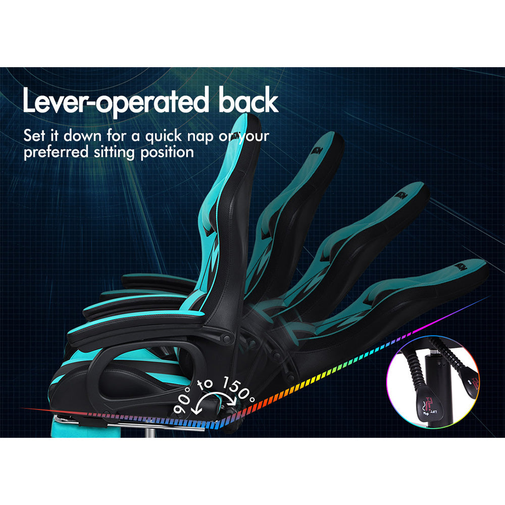 ELFORDSON Gaming Chair with RGB LED Light 8-Point Massage, Cyan & Black