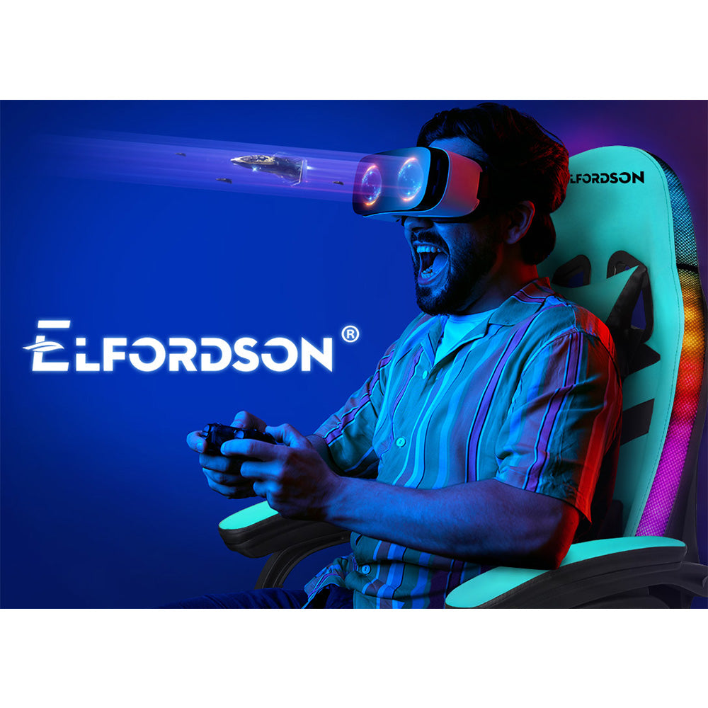 ELFORDSON Gaming Chair with RGB LED Light 8-Point Massage, Cyan & Black