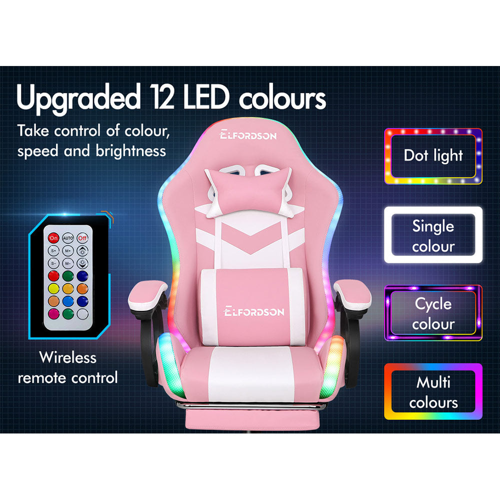 ELFORDSON Gaming Chair with RGB LED Light 8-Point Massage, Pink & White