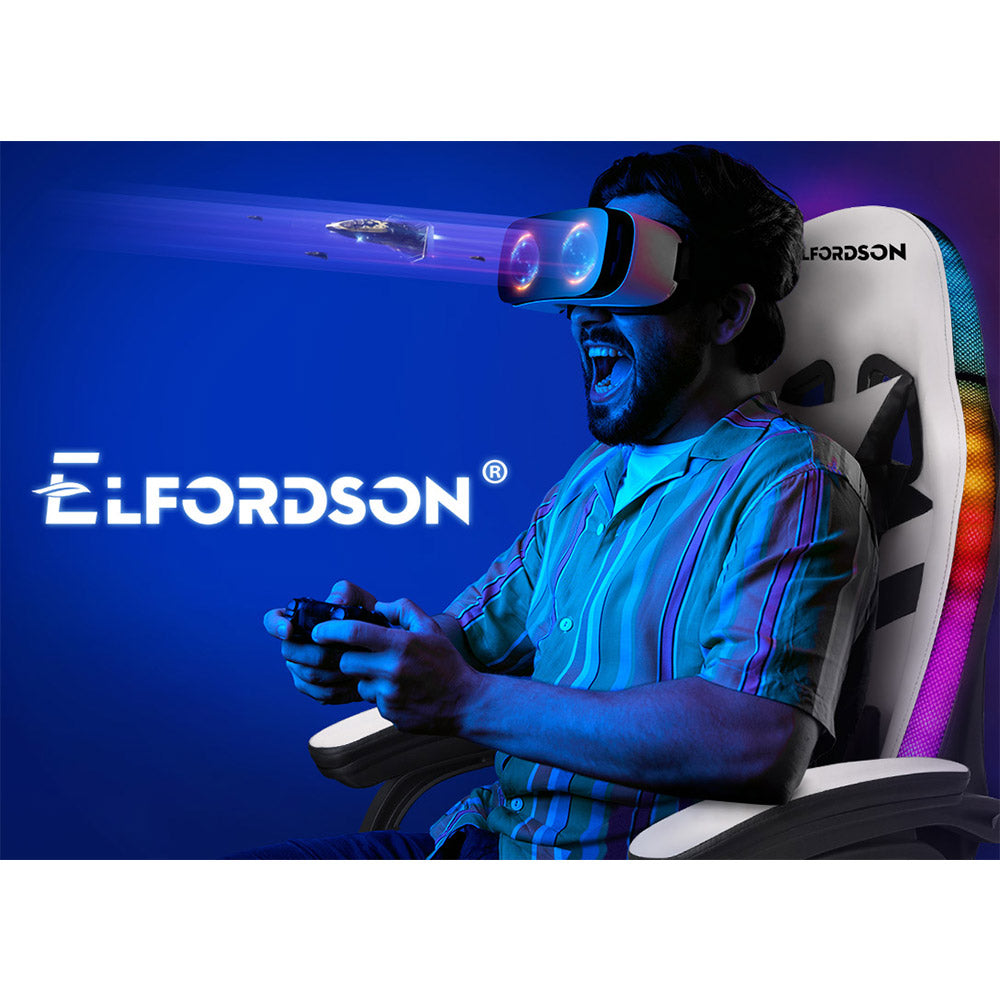 ELFORDSON Gaming Chair with RGB LED Light 8-Point Massage, White & Black